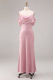 Vestido Midi de Sereia de ombro frio cor-de-rosa escuro em chiffon