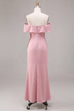 Vestido Midi de Sereia de ombro frio cor-de-rosa escuro em chiffon