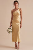 Vestido Midi de Sereia Dourado de Cetim de Um Ombro
