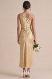 Vestido Midi de Sereia Dourado de Cetim de Um Ombro