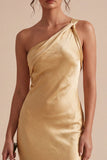 Vestido Midi de Sereia Dourado de Cetim de Um Ombro
