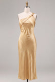 Vestido Midi de Sereia Dourado de Cetim de Um Ombro
