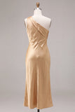 Vestido Midi de Sereia Dourado de Cetim de Um Ombro