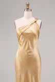 Vestido Midi de Sereia Dourado de Cetim de Um Ombro