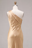 Vestido Midi de Sereia Dourado de Cetim de Um Ombro