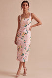 Bodycon vestido midi midi floral cor-decote quadrado cor-de-rosa com fenda