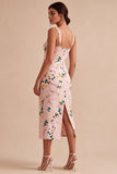 Bodycon vestido midi midi floral cor-decote quadrado cor-de-rosa com fenda