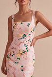Bodycon vestido midi midi floral cor-decote quadrado cor-de-rosa com fenda