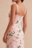 Bodycon vestido midi midi floral cor-decote quadrado cor-de-rosa com fenda