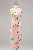 Bodycon vestido midi midi floral cor-decote quadrado cor-de-rosa com fenda