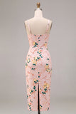 Bodycon vestido midi midi floral cor-decote quadrado cor-de-rosa com fenda