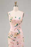 Bodycon vestido midi midi floral cor-decote quadrado cor-de-rosa com fenda