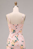 Bodycon vestido midi midi floral cor-decote quadrado cor-de-rosa com fenda