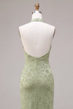 Vestido Midi Floral de Sereia, decote halter verde claro e estampado