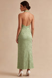 Vestido Midi Floral de Sereia, decote halter verde claro e estampado