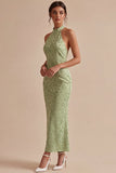 Vestido Midi Floral de Sereia, decote halter verde claro e estampado