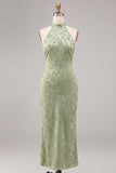 Vestido Midi Floral de Sereia, decote halter verde claro e estampado