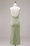 Vestido Midi Floral de Sereia, decote halter verde claro e estampado