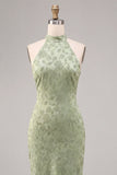 Vestido Midi Floral de Sereia, decote halter verde claro e estampado