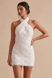 Vestido Branco Pequeno Bodycon Floral de Gola Halter