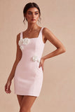 Vestido Branco Bodycon de Gola Quadrada com Flores 3D