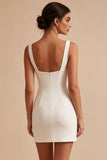 Vestido Branco Bodycon de Gola Quadrada com Flores 3D