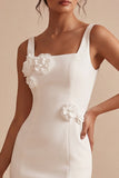 Vestido Branco Bodycon de Gola Quadrada com Flores 3D