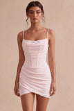 Bodycon Corset, alças finas, vestido branco franzido