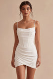 Bodycon Corset, alças finas, vestido branco franzido