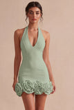 Vestido branco Bodycon de decote caber com costas e flores 3D