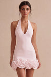 Vestido branco Bodycon de decote caber com costas e flores 3D
