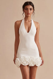 Vestido branco Bodycon de decote caber com costas e flores 3D
