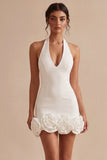 Vestido branco Bodycon de decote caber com costas e flores 3D