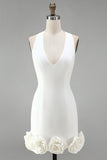 Vestido branco Bodycon de decote caber com costas e flores 3D