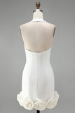 Vestido branco Bodycon de decote caber com costas e flores 3D
