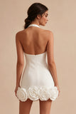 Vestido branco Bodycon de decote caber com costas e flores 3D