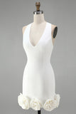 Vestido branco Bodycon de decote caber com costas e flores 3D