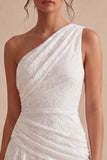 Vestido Branco Ajustado Assimétrico de Renda Franzida de Um Ombro