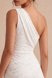Vestido Branco Ajustado Assimétrico de Renda Franzida de Um Ombro