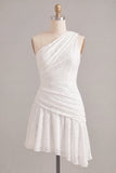 Vestido Branco Ajustado Assimétrico de Renda Franzida de Um Ombro