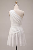 Vestido Branco Ajustado Assimétrico de Renda Franzida de Um Ombro