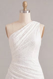 Vestido Branco Ajustado Assimétrico de Renda Franzida de Um Ombro
