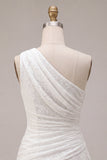 Vestido Branco Ajustado Assimétrico de Renda Franzida de Um Ombro