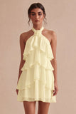 Vestido Branco Pequeno Branco Floral de Decote Halter com Decote A, com folhos