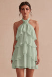 Vestido Branco Pequeno Branco Floral de Decote Halter com Decote A, com folhos
