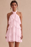 Vestido Branco Pequeno Branco Floral de Decote Halter com Decote A, com folhos