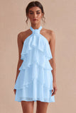 Vestido Branco Pequeno Branco Floral de Decote Halter com Decote A, com folhos