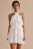 Vestido Branco Pequeno Branco Floral de Decote Halter com Decote A, com folhos