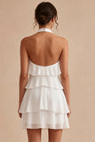 Vestido Branco Pequeno Branco Floral de Decote Halter com Decote A, com folhos