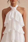 Vestido Branco Pequeno Branco Floral de Decote Halter com Decote A, com folhos